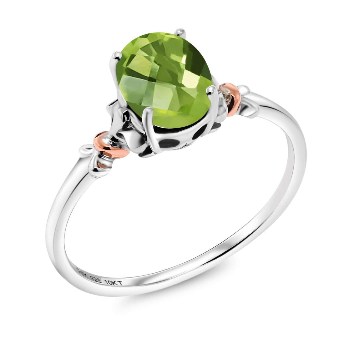 925 Sterling Silver and 10K Rose Gold Ring Oval Checkerboard Green Peridot 0.85 cttw (Available 5,6,7,8,9)