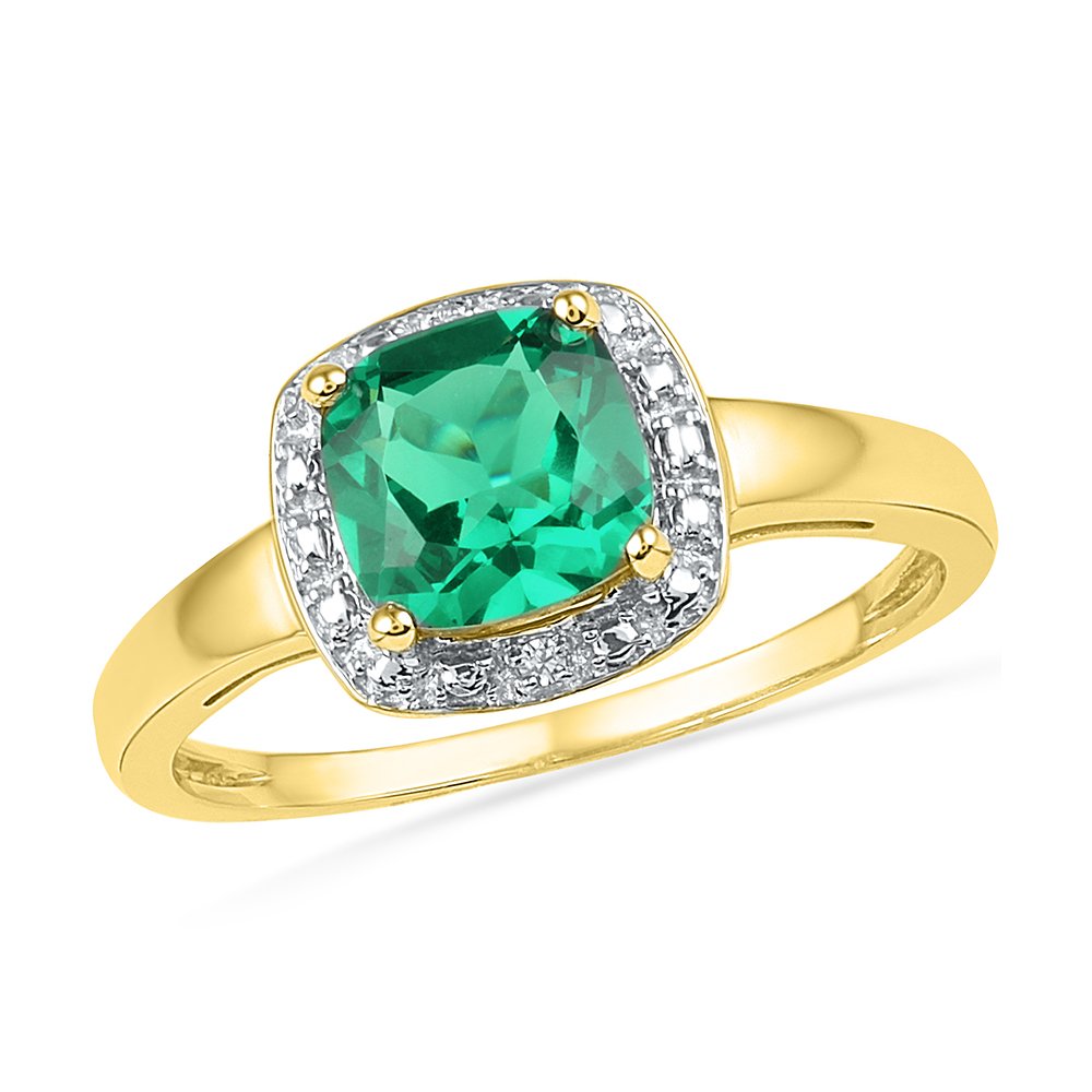 Solid 10k Yellow Gold Cushion Round Green Simulated Emerald and White Diamond Engagement Ring OR Fashion Band Prong Set Solitaire Shaped Halo Ring (.01 cttw)
