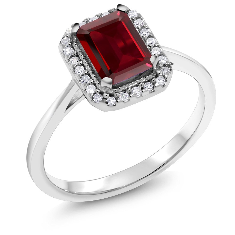 10K White Gold Red Garnet and White Diamond Women Ring (1.97 Ct Emerald Cut, Gemstone Birthstone, Available in size 5, 6, 7, 8, 9)