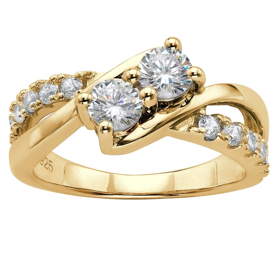 14K Yellow Gold Over Sterling Silver Round Cubic Zirconia 2 Stone Bypass Engagement Ring